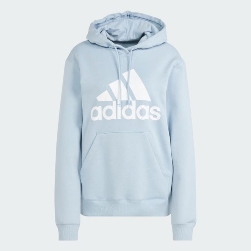 Essentials Big Logo Regular Fleece Hoodie Blue IR9329 01 laydown