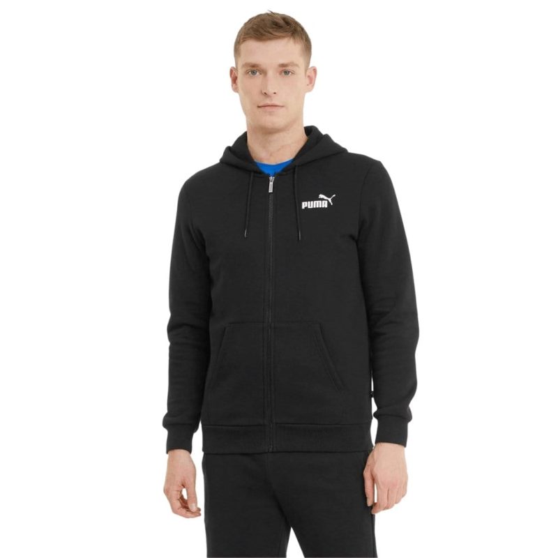 puma mens essentials full zip logo hooded black jacket 133774